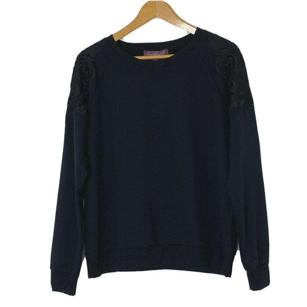 Gloria Vanderbilt Women's size Small Lace Crewneck Pullover Sweatshirt Top Black